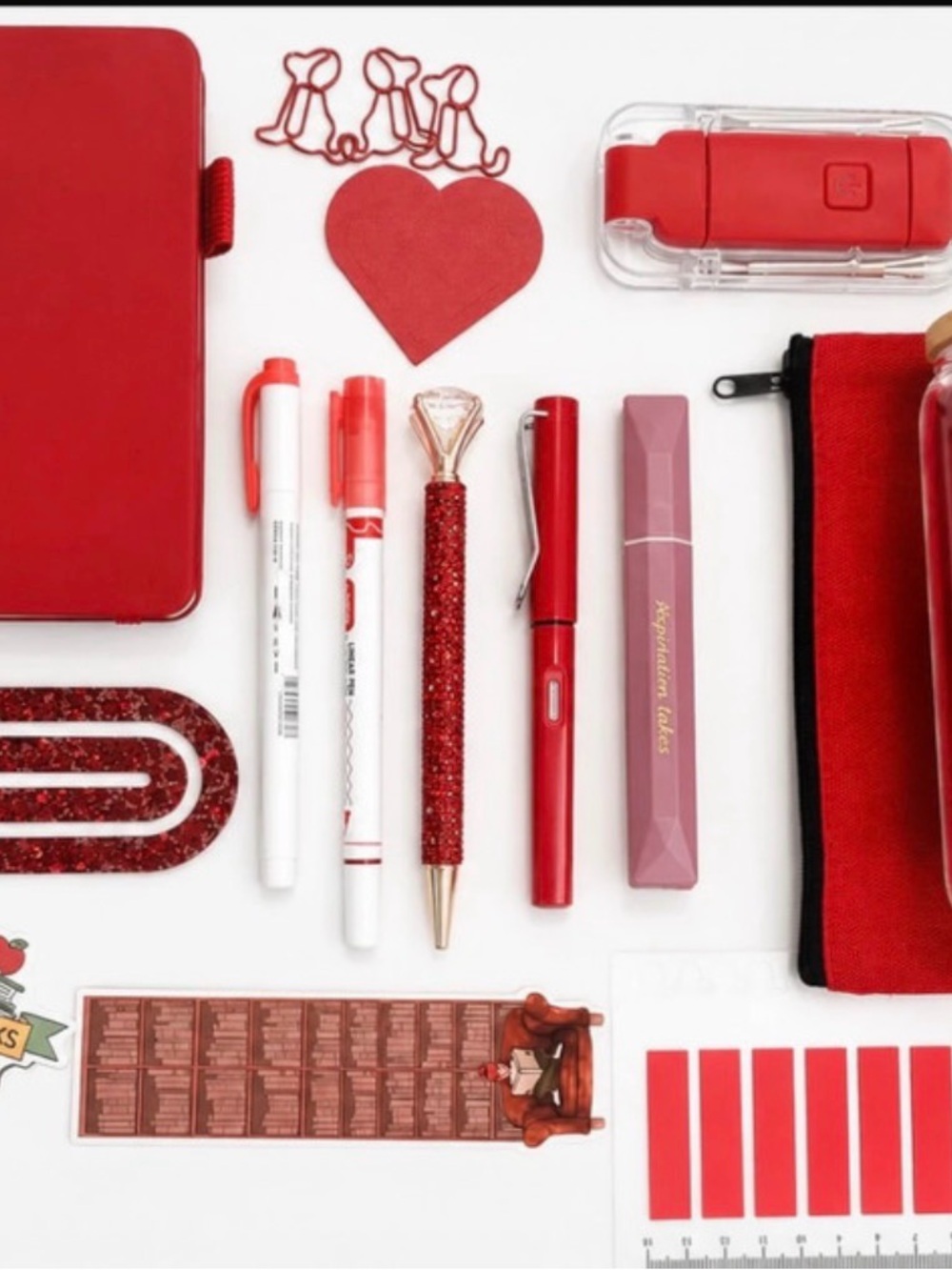 Red Desk Accessory Set — Assorted Red Pens & Tools